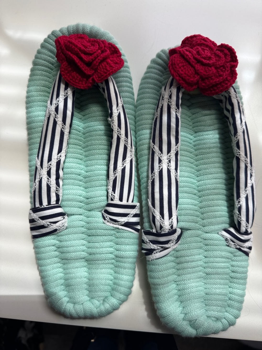 Meri Meri Mint Green Slippers with Bright Red Crochet Rose